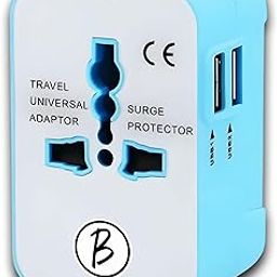 BTfash Universal Travel Adapter All in One Worldwide, Travel Adapter and Wall Charger with USB Ports with Multi Type Power Outlet (2U - USB 1A,100-240) Voltage (Sky Blue&White)-image-48
