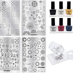 Nail Stamping Kit With 4 Jumbo Image Plates (9.5 * 14 Cm), Clear Jelly Stamper with Large 3.8 Cm Stamp Head, Plastic Card Scraper & 6 bottles Special Stamping Nail Polish. Free 3D Nail Art Set-image-29