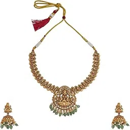 kushal's Fashion Jewellery Ruby-Green Gold Polished Antique Short Necklace With Push Back Jhumkas and Adjustable Thread for Bridesmaids, Necklace set for women - 433641-picture-35