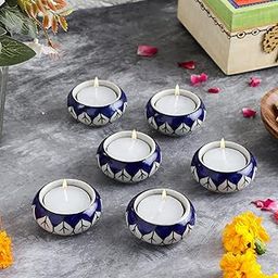 VarEesha Hand-Made Navy Blue Ceramic Tea Light Holders/Diyas Set of Six |Tealight Holder T Lite Candle Stand for Home Decoration-image-49