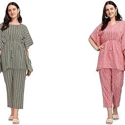 Cotton Blend Ethnic Kaftan Co-Ord Set | Casual Wear Kaftan Pant & Top Set | Fancy Kaftan Top & Pant Set | | Women Top & Pant (Pack Of 2), Assorted, Small-image-47