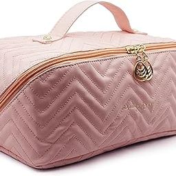 OpulentGlance Large Capacity Cosmetic Travel Makeup Pouch With Wide Opening | Quilted Design Pu Leather Toiletry And Cosmetic Organizer Bag With Interior Pockets Ideal For Gifting (Pink), 12 cm-0
