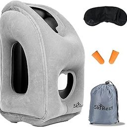 Skyrest Inflatable Travel Pillow - Airplane Pillow for Neck Support on Long Flights, Buses, Cars, Office & Trains - Comes with Eye Mask, Earplugs & Portable Drawstring Bag - Grey-25