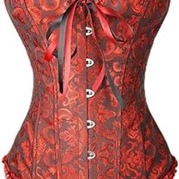 Women's Lace Up Boned Overbust Cincher Corset Bustier Lingerie Shaper Black Red L-image-29