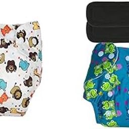 Kritiu Reusable Baby's Cloth Diaper Combo Pack | High Absorbent Washable Diapers | White Girafee Printed Diaper and Light Blue with 2 Black Pad Diaper Pack of 2-10