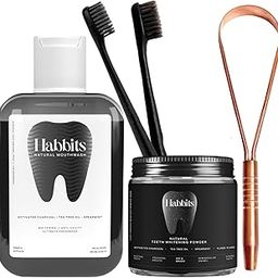 Habbits Natural Oral Care Bundle | Charcoal Mouthwash + Teeth Whitening Powder + Copper Tongue Cleaner + 2 Biodegradable Toothbrushes | Vitamin Enriched SLS & Fluoride Free | FDA Certified | Pack of 4-20