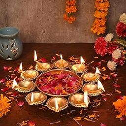 Gyarsilal's Flower Decorative Diya Shape Urli Bowl for Home, Tea Light Candles and Floating Flowers Handcrafted Urli for Home, Office and Table Decor | Diwali Decoration Items for Home (10 Inch)-image-26