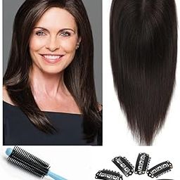 Women's Synthetic Middle Part Hair Topper/Hair Wig 3.5" x 4" Silk Base 4 Clip in Straight for Thinning Hair,16 Inches Long, Black Color+ 05 Snap Clips + 01 Hair Brush-image-60