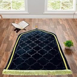 Premium Velvet Lazer Cut Prayer Janamaz Mat 44x28 inch Musalla for Namaz Muslim & Wedding Gift (Black Colour)-image-33