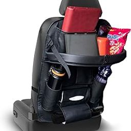 Amazon Brand - Solimo Pu Leather Auto Car Back Seat Organizer With Foldable Dining Table Tray, Multipocket Storage Tablet, Bottle And Tissue Paper Holder_Black (With Tray) - Automobiles-12