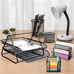 Kuber Industries 5 Pcs Set 2 Tier Mesh Metal Desk Organiser File Rack | Paper Clips & Pen Holder Cups | Business Visiting Card Holder Stand | Newspaper and Magazine Stand for Office-2