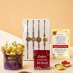 eCraftIndia Set of 4 Rakhi with Chocolate | Ganesha Peacock Shrinathji Kalash Designer Rakhi for Brother with Chocolate, Zuzy Almond Chocolates Box Gift | Raksha Bandhan Card | Roli Chawal Pack-image-36