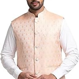 Men's Contemporary Fit Terry Rayon Blend Jacquard Pattern Sleeveless Light Orange Ceremonial Waistcoat-picture-15