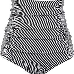 Women's Ruched High Waisted Bikini Bottom Retro Vintage Swim Short Tankinis (FBA) Black Stripe M/6-8-image-41