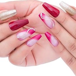 Secret Lives® acrylic press on nails designer artifical nails extension redish maroon color with golden glitter design fake nails design 24 pieces set with kit-54