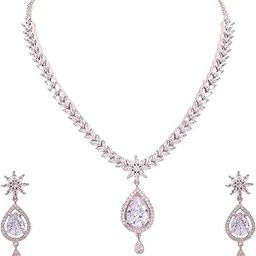 Brass Rose Gold and American Diamond Necklace Pendant Set With Earrings for Women & Girls (White)-image-36