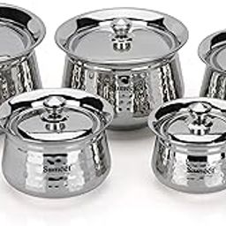Sumeet Stainless Steel Handcrafted Hammered Texture Handi Set with Lid for Kitchen, Set of 5, 460ml, 650ml, 950ml, 1300ml & 1700ml, Silver-30