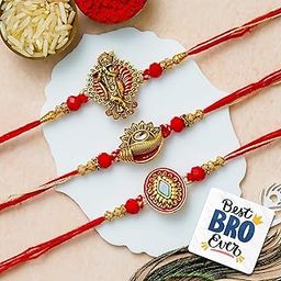 eCraftIndia Set of 3 Golden & Red Floral Shankh Krishna Designer Rakhis | Best Bro Ever Fridge Magnet | Roli Chawal Pack | Rakhi for Brother Bhaiya Bhai Bhabhi Kids-image-16