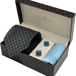 Black Diamond Necktie with Blue Cufflinks & Sky Blue Pocket Square Combo For Men-image-18
