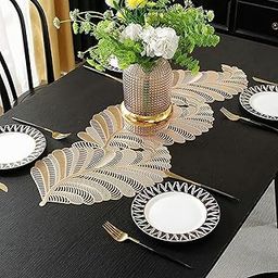 TIED RIBBONS Pack of 1 Table Mat Leaf Placemats for Dining Table Kitchen Mats Pot Non-Slip Heat Resistant Wipeable Washable Tableware (93 x 32cm, PVC, Golden)-15