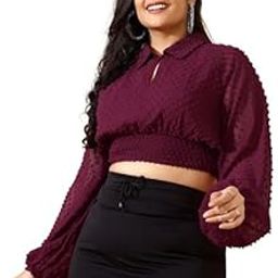 Curve Tops for Women Maroon Dobby Collar Neck Crop Top-picture-20