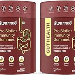 Swarneo Gut Health Gummies | Pack Of 2 | Pro Biotic + Immunity Gummies|30 Gummy| 2 Billion CFU | Improve Gut Health, Immune Support, Healthy Digestion | Soy free, Gluten Free, Dairy Free, Vegan| Clinically Tested Strain| Orange Flavour|-3