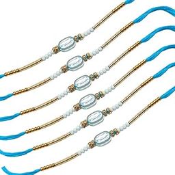 Set of 6 Elegant Blue Thread Rakhi Set for Brother with Roli Chawal | Traditional Beaded Rakhi with Golden Accents | Raksha Bandhan Thread for Bhaiya | Designer Rakhee-image-12