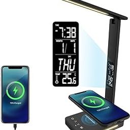 Banrterd Desk Light, LED Desk Lamp with Wireless Charger Desk Light for Home Office Dimmable Eye-Protecting Desk Light with Night Light Digital Alarm Clock Temperature Black-picture-21