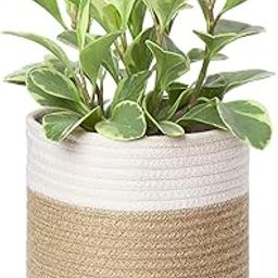 Dahey Small Cotton Rope Plant Basket Woven Plant Coiled Basket for Up to 7" Planter, 7.5" x 8" Decorative Flower Pot Cover Closet Storage Bin Table Desk Organizer for Home Decor, White and Beige-image-58
