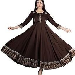 Women's Anarkali Maxi Dress, Brown with Gold Embroidered Border, 3/4 Sleeves, Ankle Length-picture-14