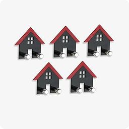 House-Shaped Wall Hooks, Set of 5, Black and Red, Double Hook Design, Decorative Home Storage-15