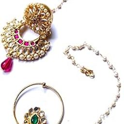 Combo Jewellery Traditional Rajasthani golden red maang tikka and Nathiya/Nose Ring with Pearls Chain in Kundan for Women and Girls-image-56