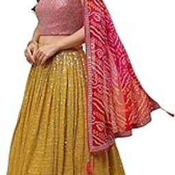 Womens Georgette Lehenga Choli Semi-Stitched Yellow Wedding Bridal Free Size-picture-16