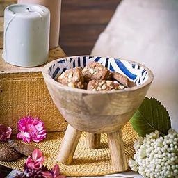 The Modern Storey Decorative Wooden Tripod Bowl with Blue Pattern Interior, Handcrafted Ceramic Snack Serving Bowl-image-3