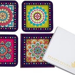 BRAHMA DESIGN Wooden Coaster Set with Gift Box | Multi Mandala Design | Set of 4 Tabletop Square Coasters 3.75" x 3.75" | Kitchen Table Wooden Decorative Items | for Cups, Mugs, Cans, Glasses-image-101
