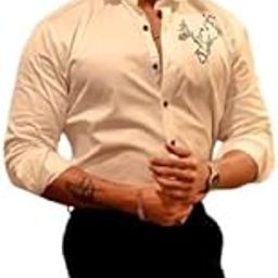 Men's White Button-Down Shirt with Deer Embroidery, Black Buttons, Long Sleeves-image-19
