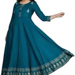 Women's Teal Anarkali Maxi Dress, Long Sleeve, Embroidered Border, Floor Length-picture-38
