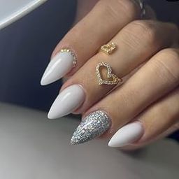 FWS Artificial fake Press On Nails Art Set (Set Of 20) Reusable Nails Extension,BridalNails,Stick-On Nails,Manicure Art Set, AcrylicNails,False Nails,DesignerNails | Nail Glue, Nail file, cuticle pusher, cleaning wipe | Glossy White Studded Sliver Holographic Glitter Shape Almond-17