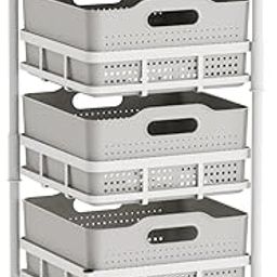 SEVVY - 3 Layer Kitchen Trolley with Removable Plastic Basket and Wheels - Kitchen Organizer for Fruits, Vegetables - White Frame - Gray Plastic Baskets-image-55