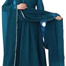 Gerogett Dress with Belt Georgette Western Solid Long Gown for Women, for Ladies Flared Anarkali Dress with Lace Detailing Suit Set Blue-image-1