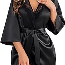 Women's Satin Lace Trim Robe, 3/4 Sleeve Kimono, Short Length with Belt, Emerald Green-image-65