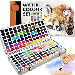 ARROLLINT 100 Colours Watercolour Paint Set with 50 Regular, 44 Metallic, 6 Fluorescent Colours, Water Brush, Drawing Pencil, Brush Pen Perfect Travel Watercolor Set for Artsits, Amateur, Hobbyists and Painting Lovers-image-5