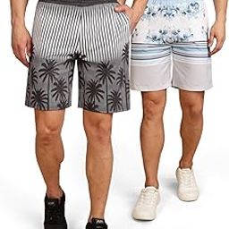 Regular Fit Cotton Blend Summer Shorts for Men - Pack of 2 | Printed Shorts for Men Blue/Onion-image-94