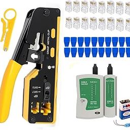 XIKKART Combo Tool Kit | RJ45 Passthrough Crimping Tool | Cat5 Cat6 Cat7 Crimping Tool Kit With Wire Stripper And Cutter, Network Cable Tester, 20Pcs Connectors and Strain Relief Boots,Battery-1