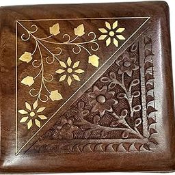 ASPIRATION INTERNATIONAL Sheesham Wood Square Carved & Brass Inlay Box with Secret Lock-image-7