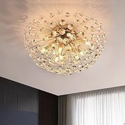 Modern Crystal 300MM Ceiling Light Chandelier, Dandelion Design, Gold Finish, Flush Mount Lighting Fixture for Foyer Area HOM, Warm White, Gold-image-6