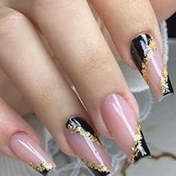 FWS Artificial Nails(Set Of 20)Press On Reusable Nails,FakeNails, BridalNails,Stick-On Nails,Manicure Art Set, Gel Stickers, Glue Extensions, Acrylics,Polygel False Nails,DesignerNails (Nude,Black French Golden Foil)-33