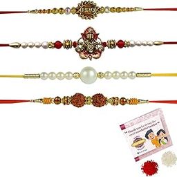 Combo of 4 Rakhi Set for Brother/Men With Roli Chawal Best Wishes Greeting Card (Om/Ganesha/Rudraksh/Evil Eye/Pearl Multiclor Rakhi)-9