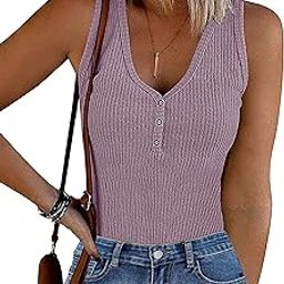 Women's 2023 Ribbed Button V Neck Bodysuits Sleeveless Slim Fit Knit Body Suits-14