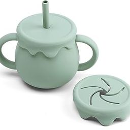 Mom's Aura 2-in-1 Silicone Baby Cups with Straw and Lid for Snacks, 8.5 oz Spill-Proof Sippy Cups, Training Cup for Toddlers Ages (Green.)-image-97